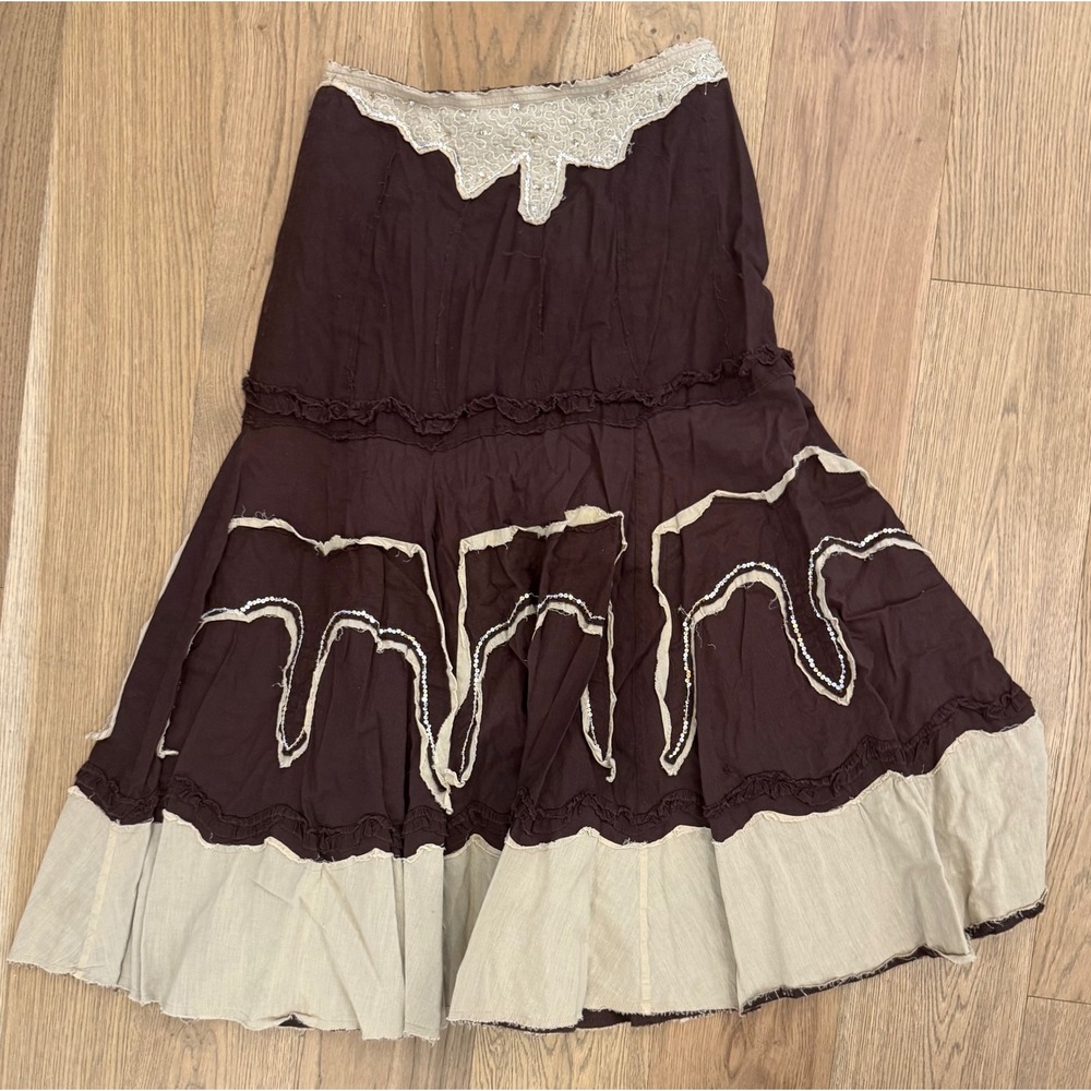 Cotton Boho Tiered Midi Skirt Brown Beige‎ Cotton Embellished Lagenlook Sequin
